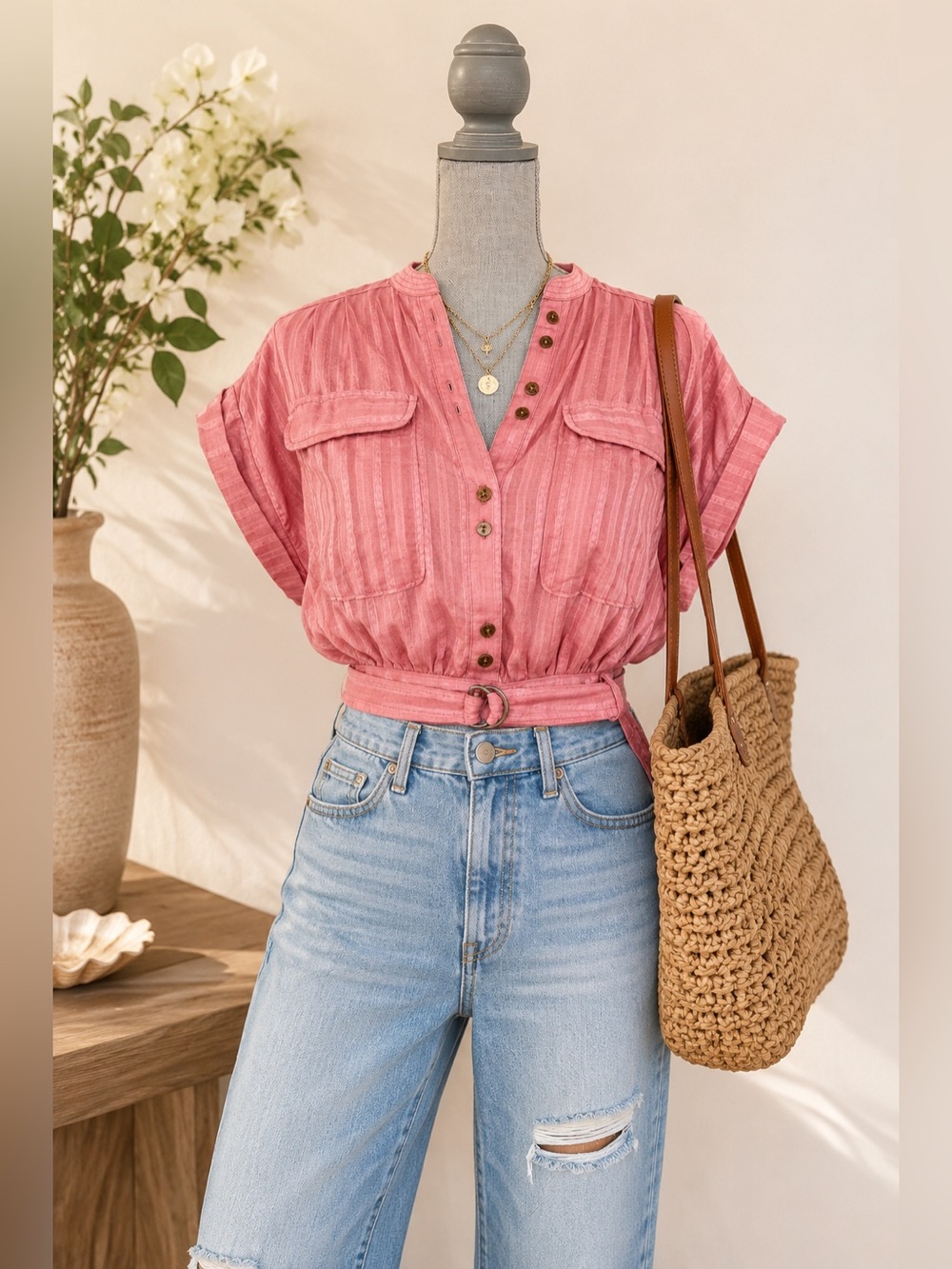 Anthropologie Pink Button-Front Crop Utility Top with Belt